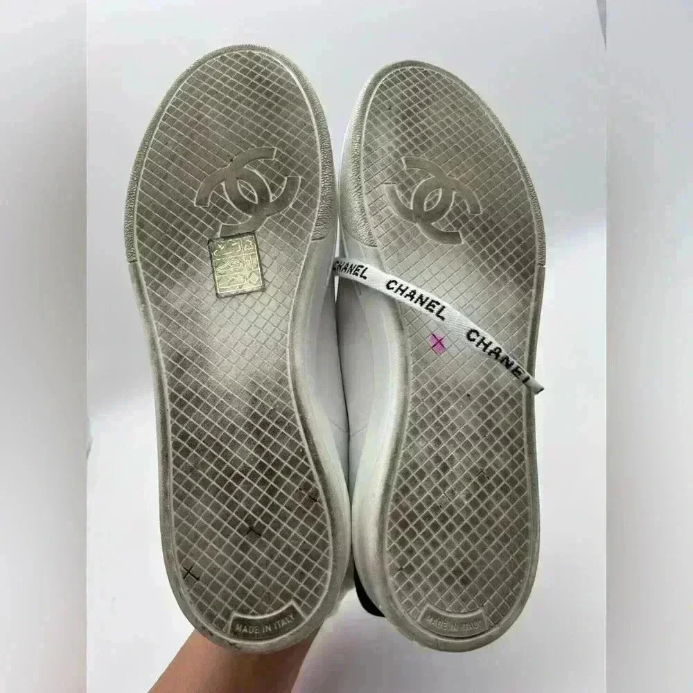 Chanel White Leather Casual Sneakers: Women's Size 36.5 Logo Laces CC